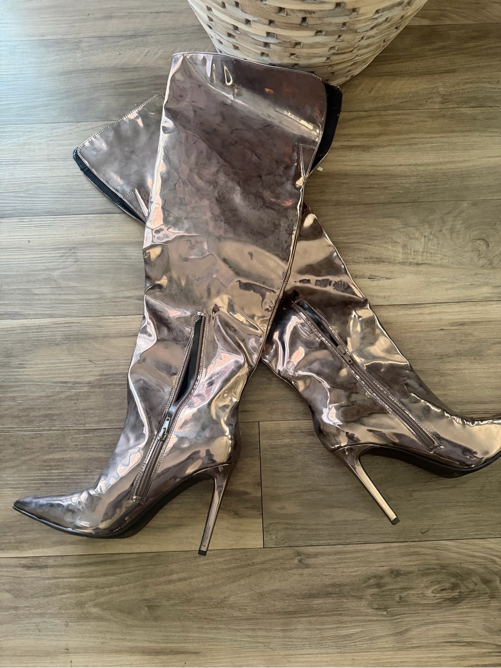 Metallic Rose Gold Over-the-Knee Stiletto Boots